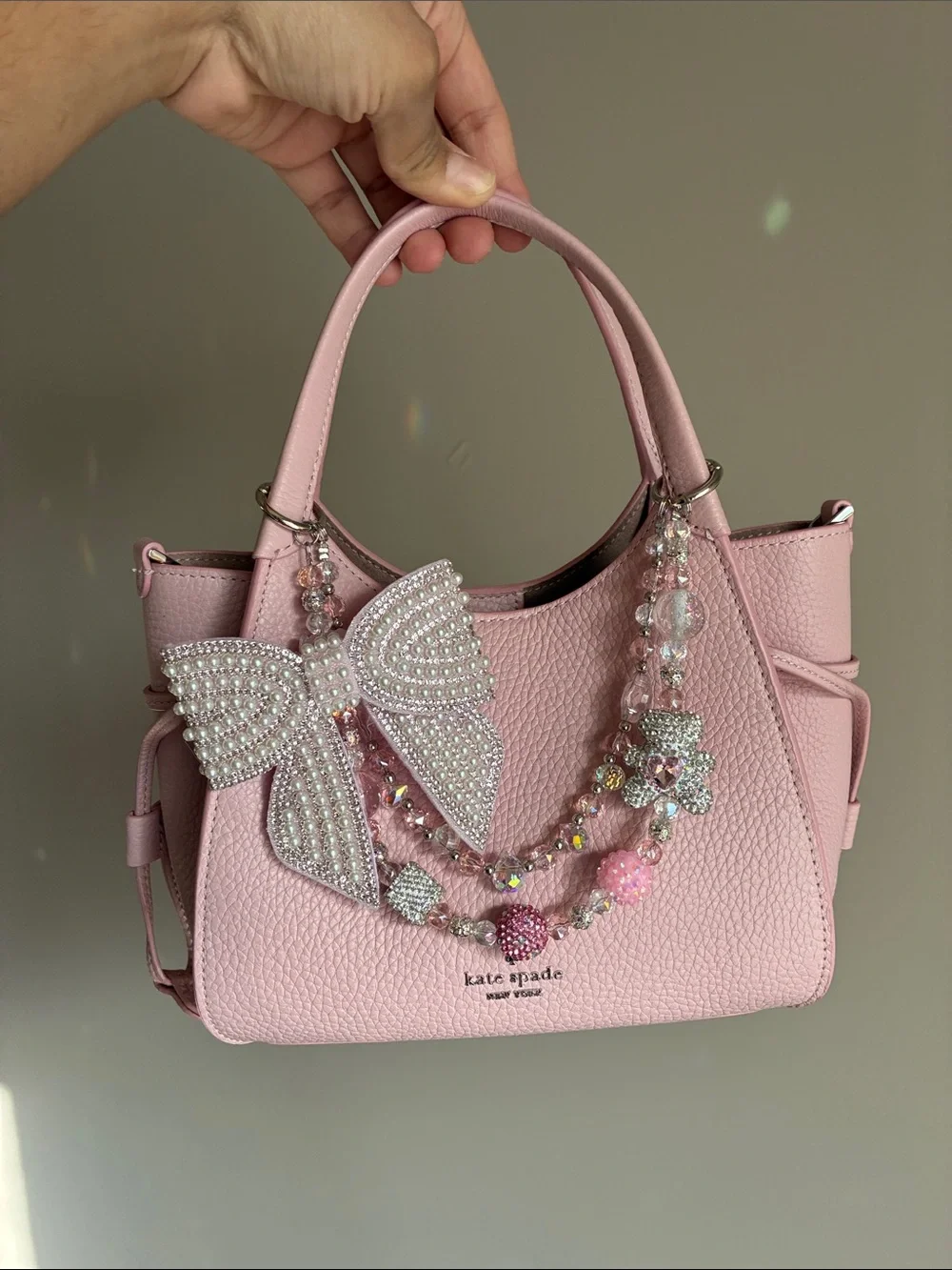 Coquette Pink Pearl Bow Crystal Keychain Bag Chain Charm